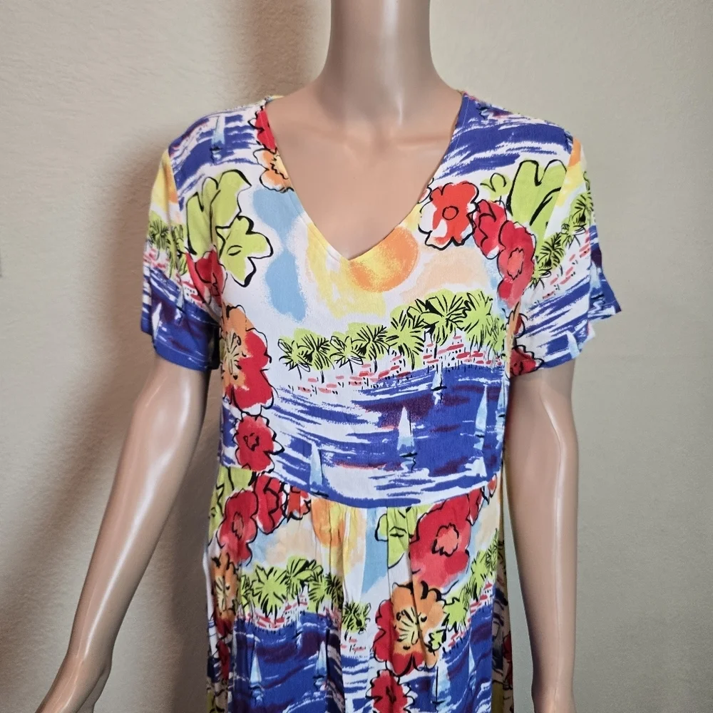 Loco Lindo Vintage Tropical Print Floral  Dress Size Large Short Sleeve Made Usa